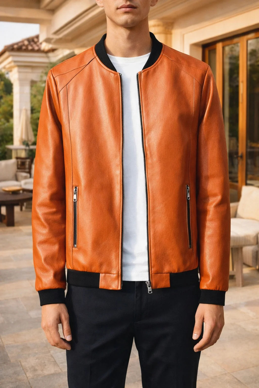 Men's Leather Bomber Jacket | Ribbed Trim Zip Front Coat 0