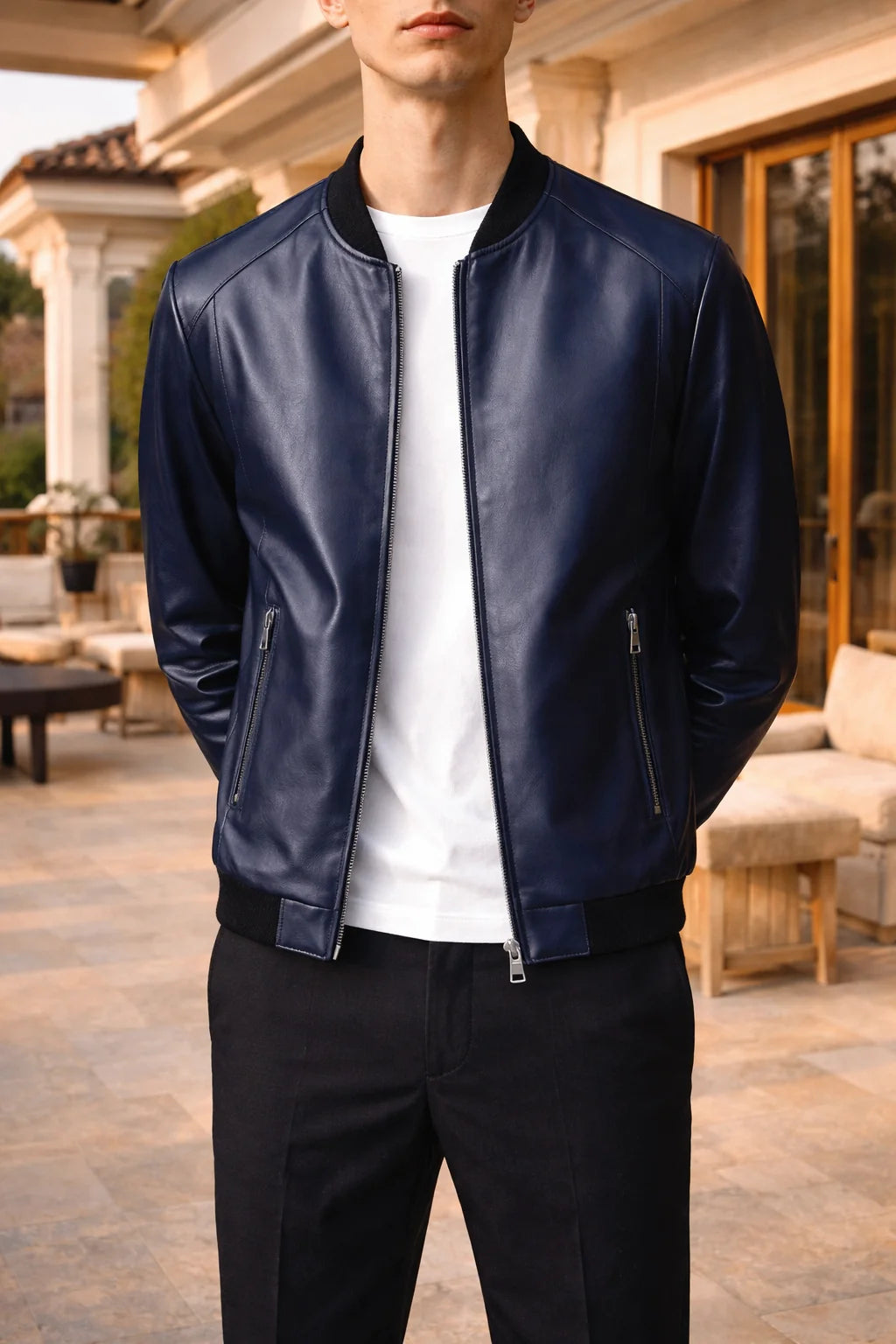 Men's Leather Bomber Jacket | Ribbed Trim Zip Front Coat 1