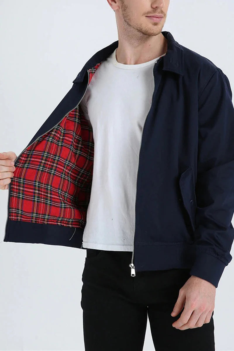 Men's Lightweight Harrington Jacket | Tartan Lined Zip-Up Outerwear 8