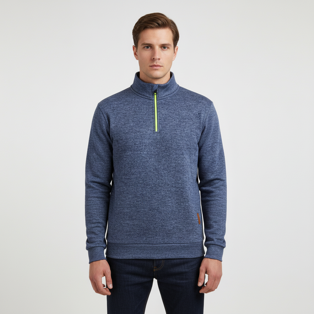 Men's Mixed Knit Sweater with Quarter Zip and Funnel Neck 0