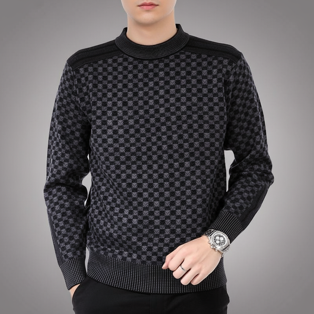 Men's Printed Sweater with Round Neck and Ribbed Trim 0