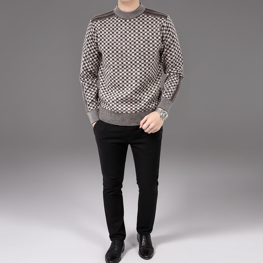 Men's Printed Sweater with Round Neck and Ribbed Trim 1