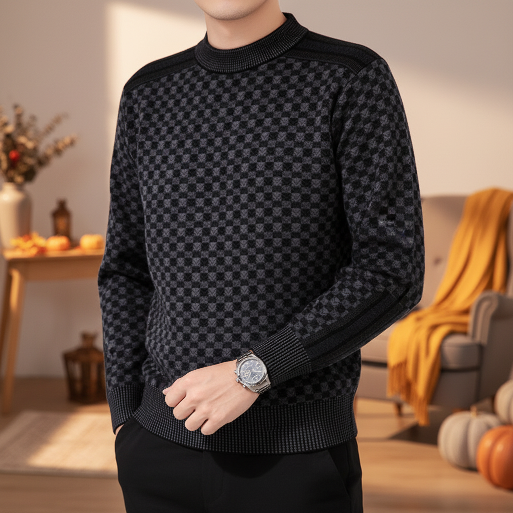 Men's Printed Sweater with Round Neck and Ribbed Trim 2