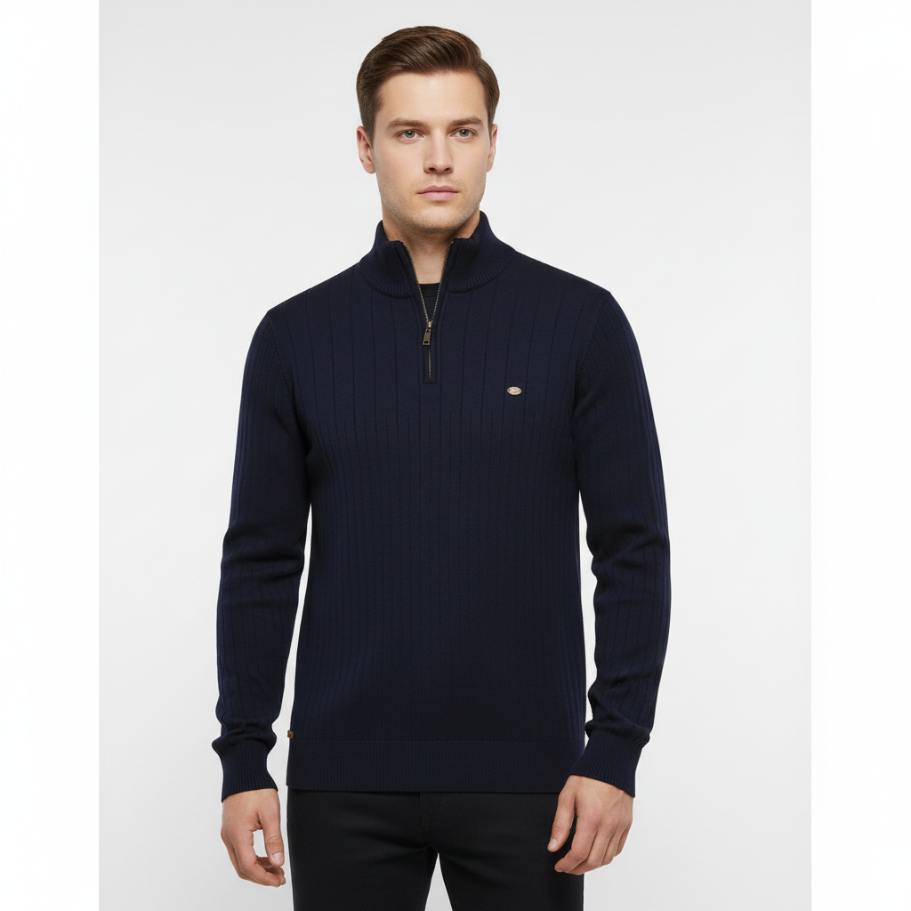 Men's Rib Knit Sweater with Quarter Zip and Stand-Up Collar 0
