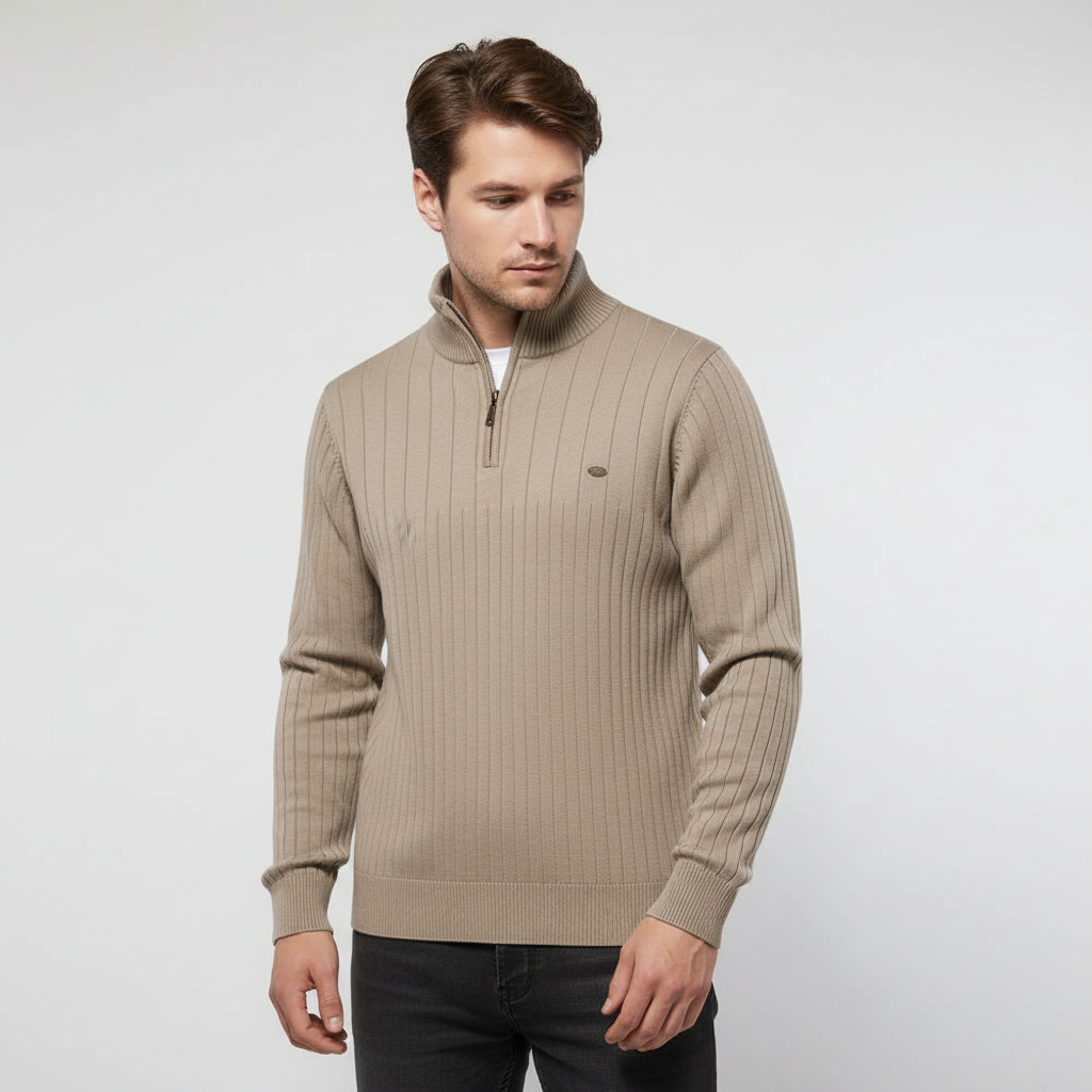 Men's Rib Knit Sweater with Quarter Zip and Stand-Up Collar 1