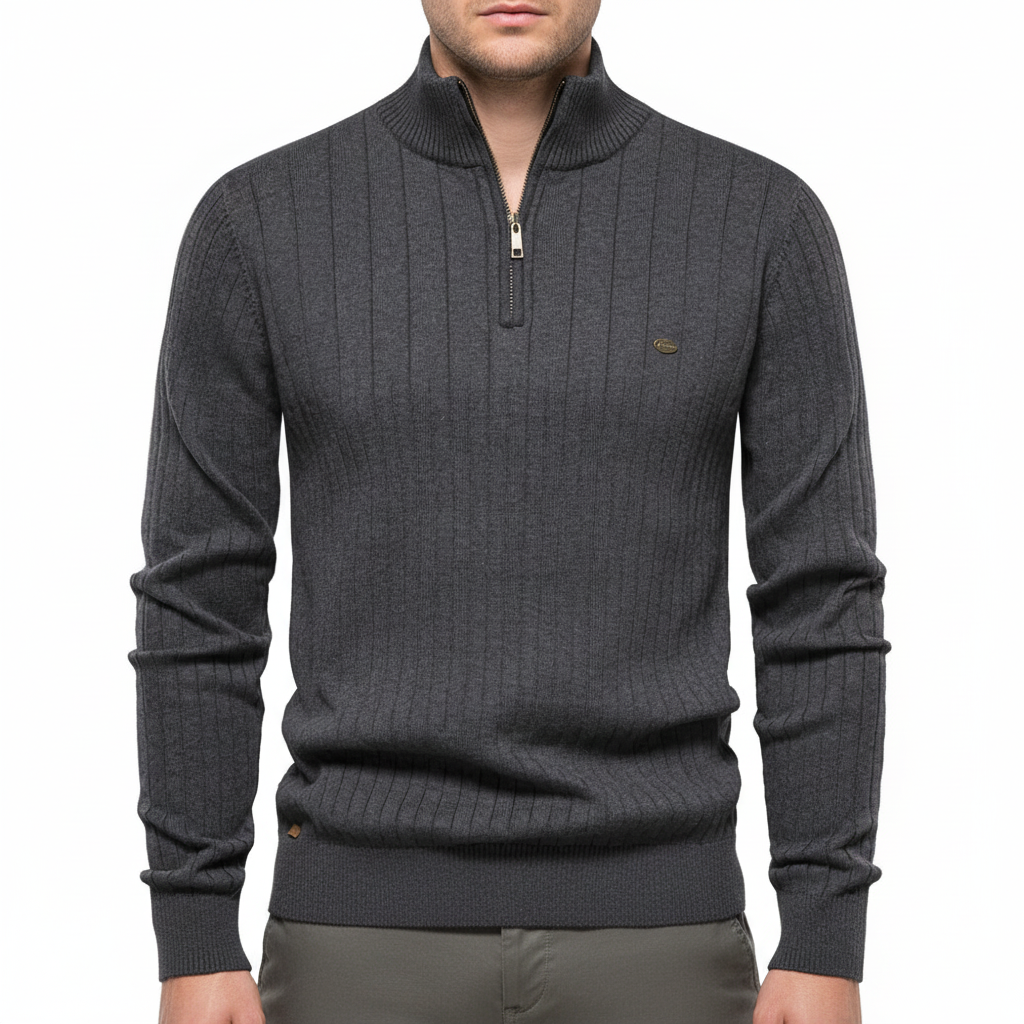 Men's Rib Knit Sweater with Quarter Zip and Stand-Up Collar 2