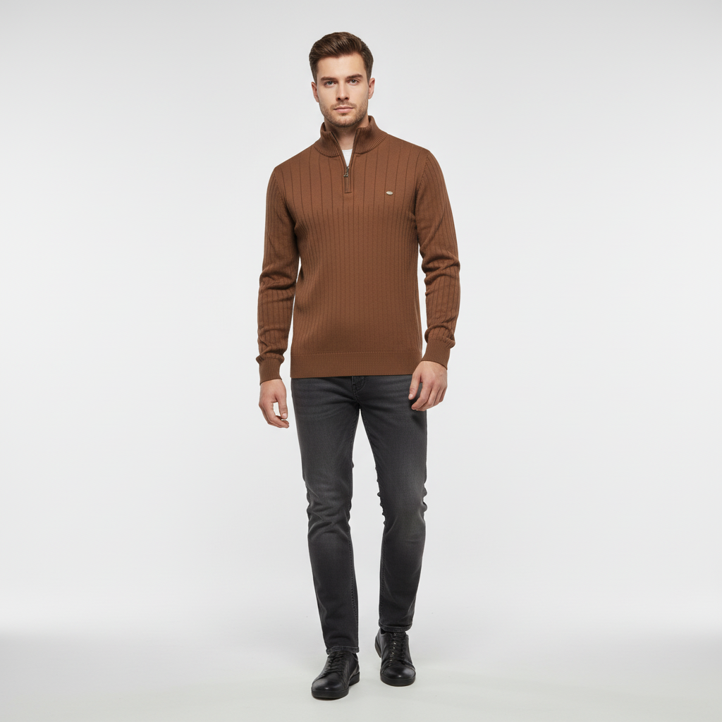 Men's Rib Knit Sweater with Quarter Zip and Stand-Up Collar 4