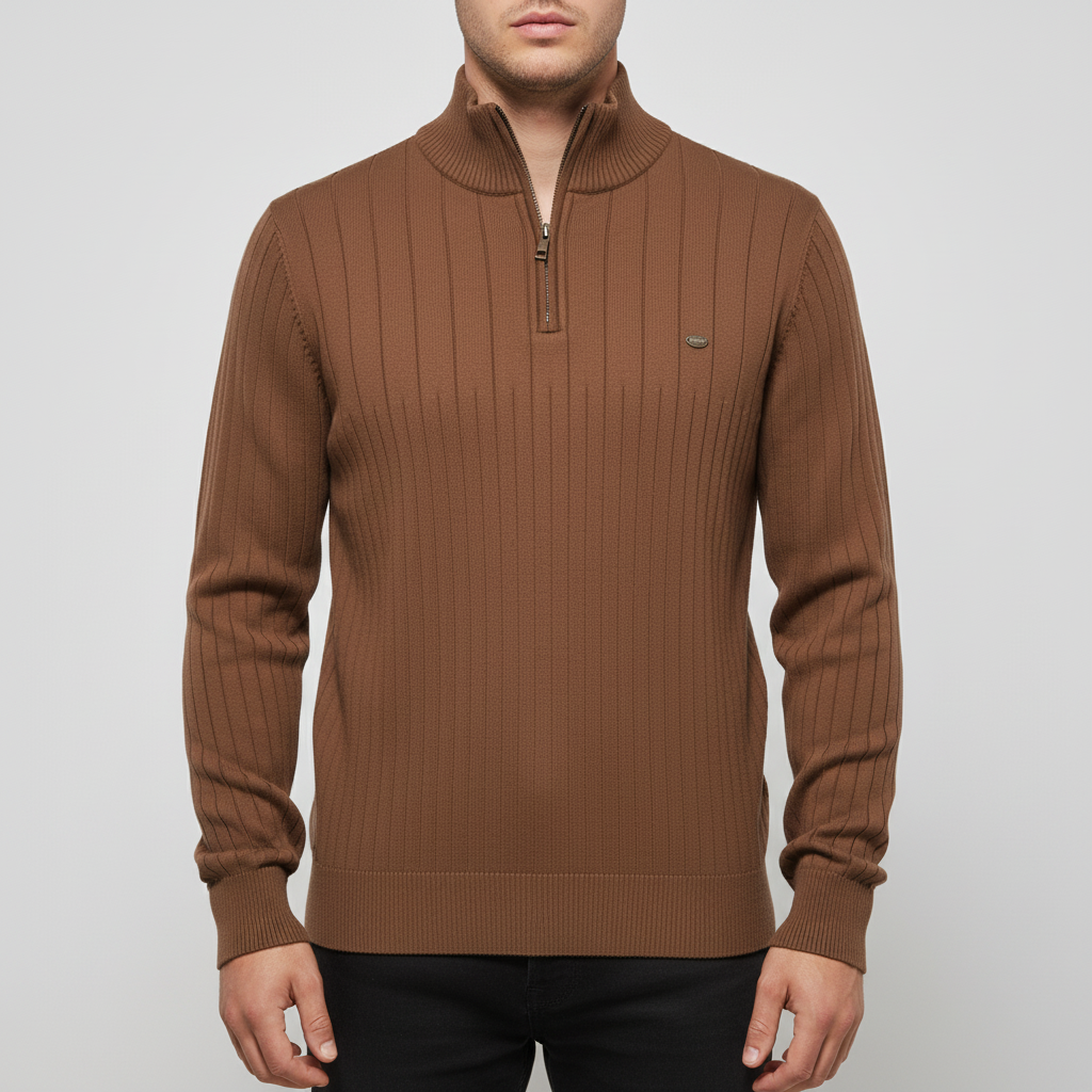 Men's Rib Knit Sweater with Quarter Zip and Stand-Up Collar 6
