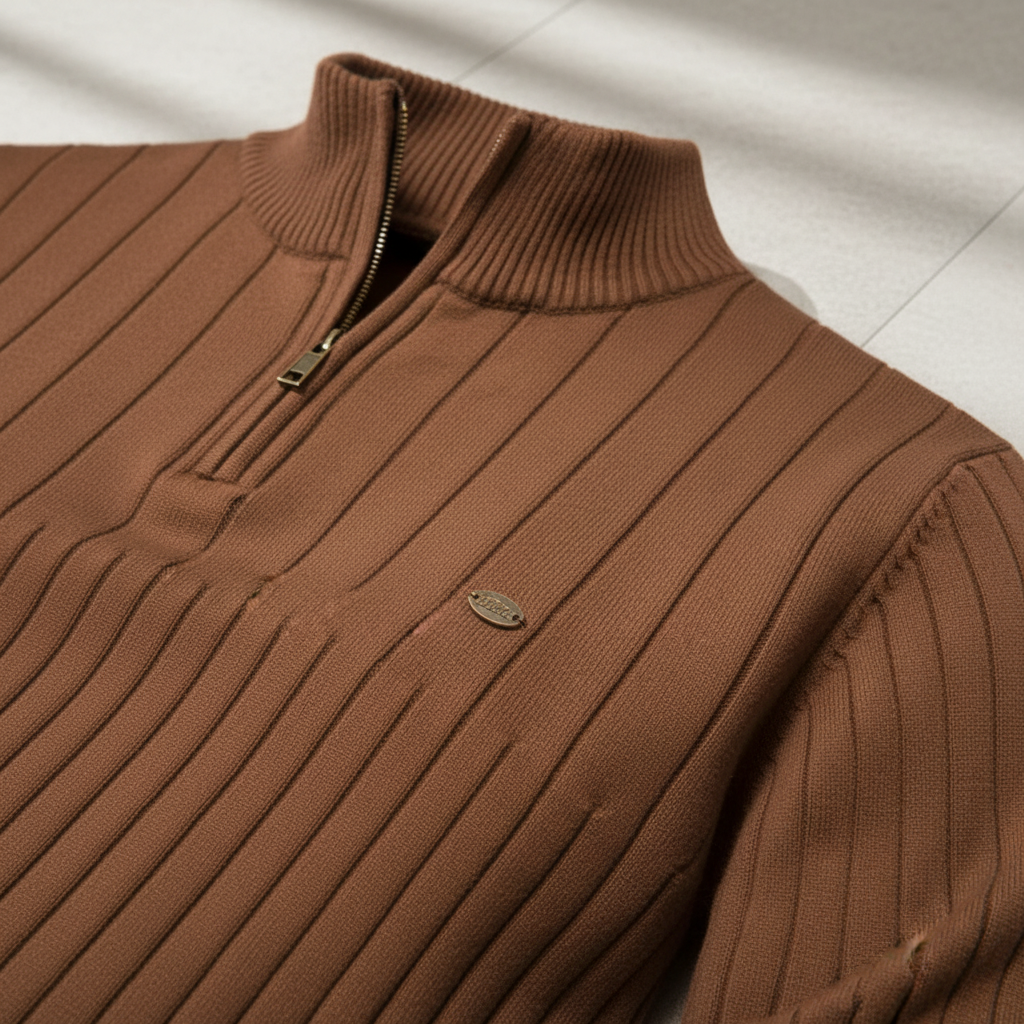 Men's Rib Knit Sweater with Quarter Zip and Stand-Up Collar 7