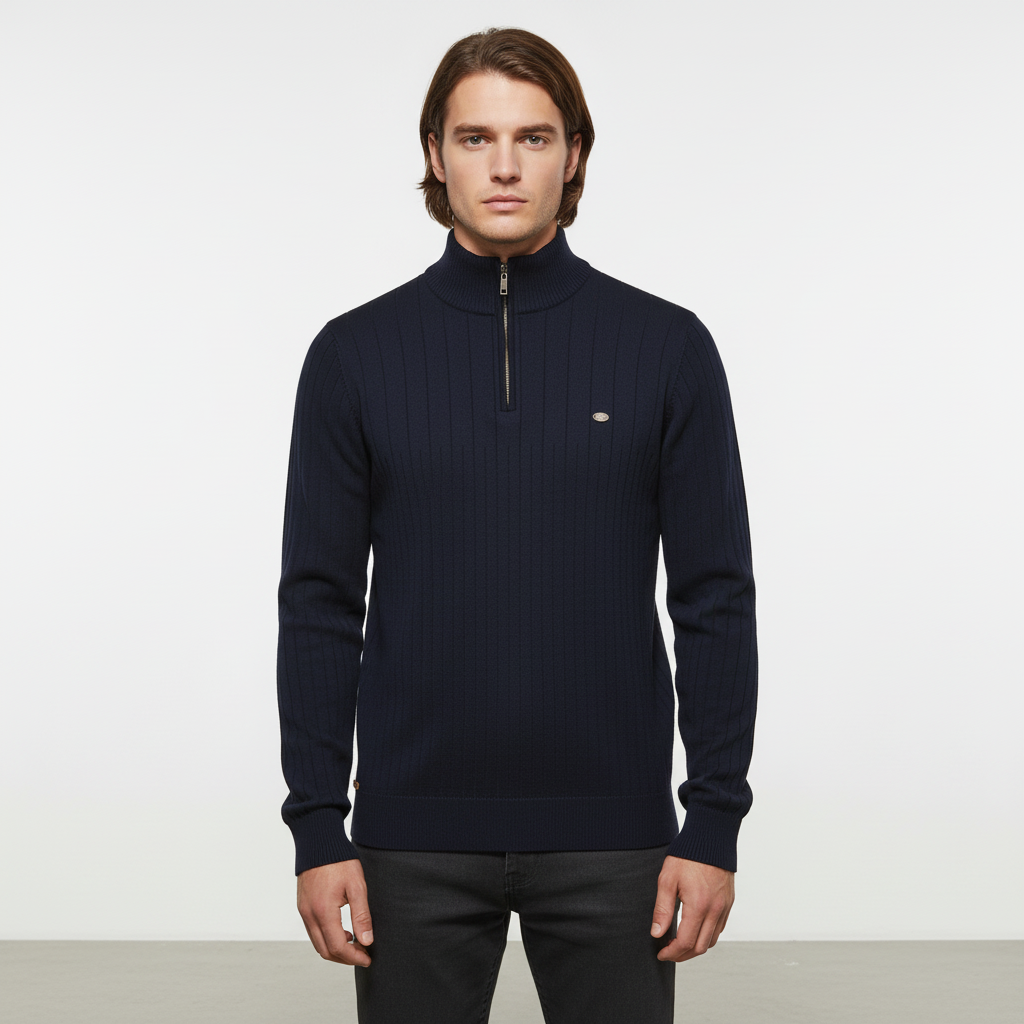Men's Rib Knit Sweater with Quarter Zip and Stand Collar 0