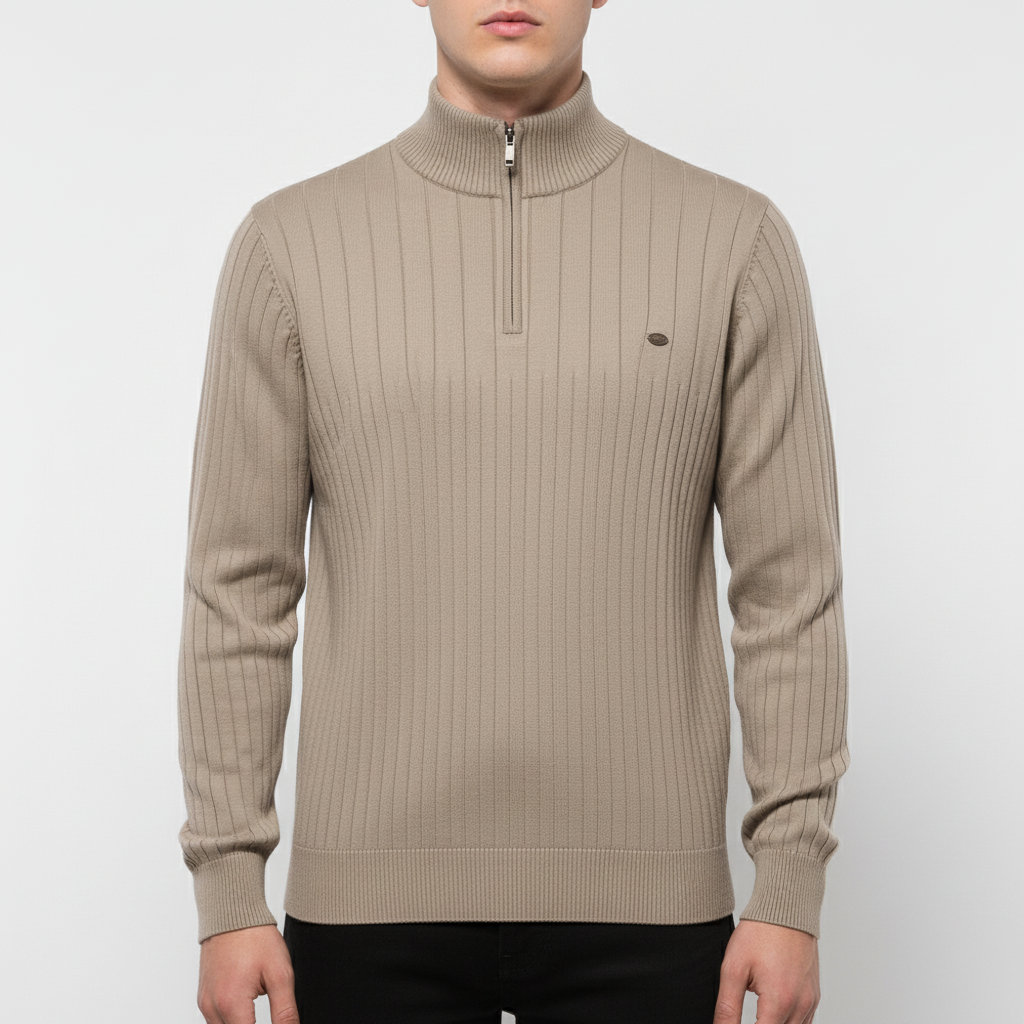 Men's Rib Knit Sweater with Quarter Zip and Stand Collar 1
