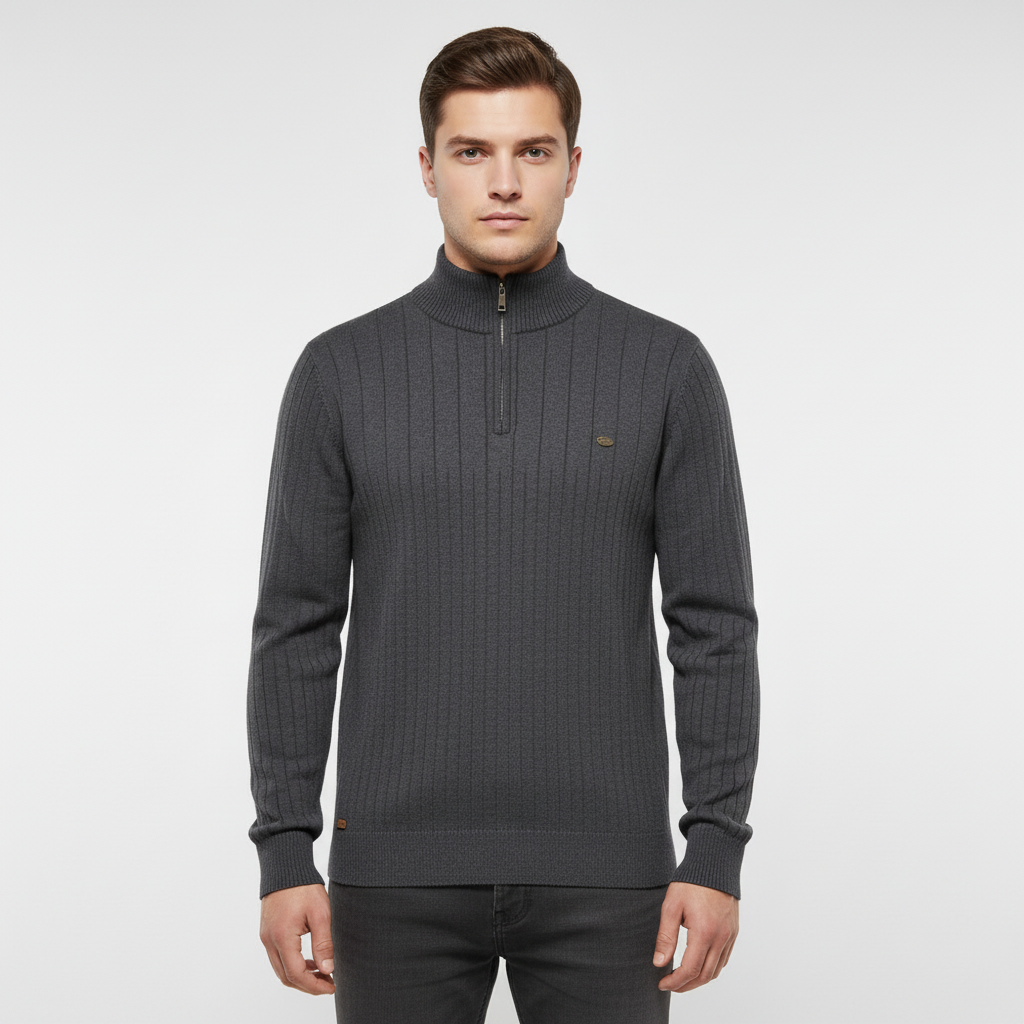 Men's Rib Knit Sweater with Quarter Zip and Stand Collar 2