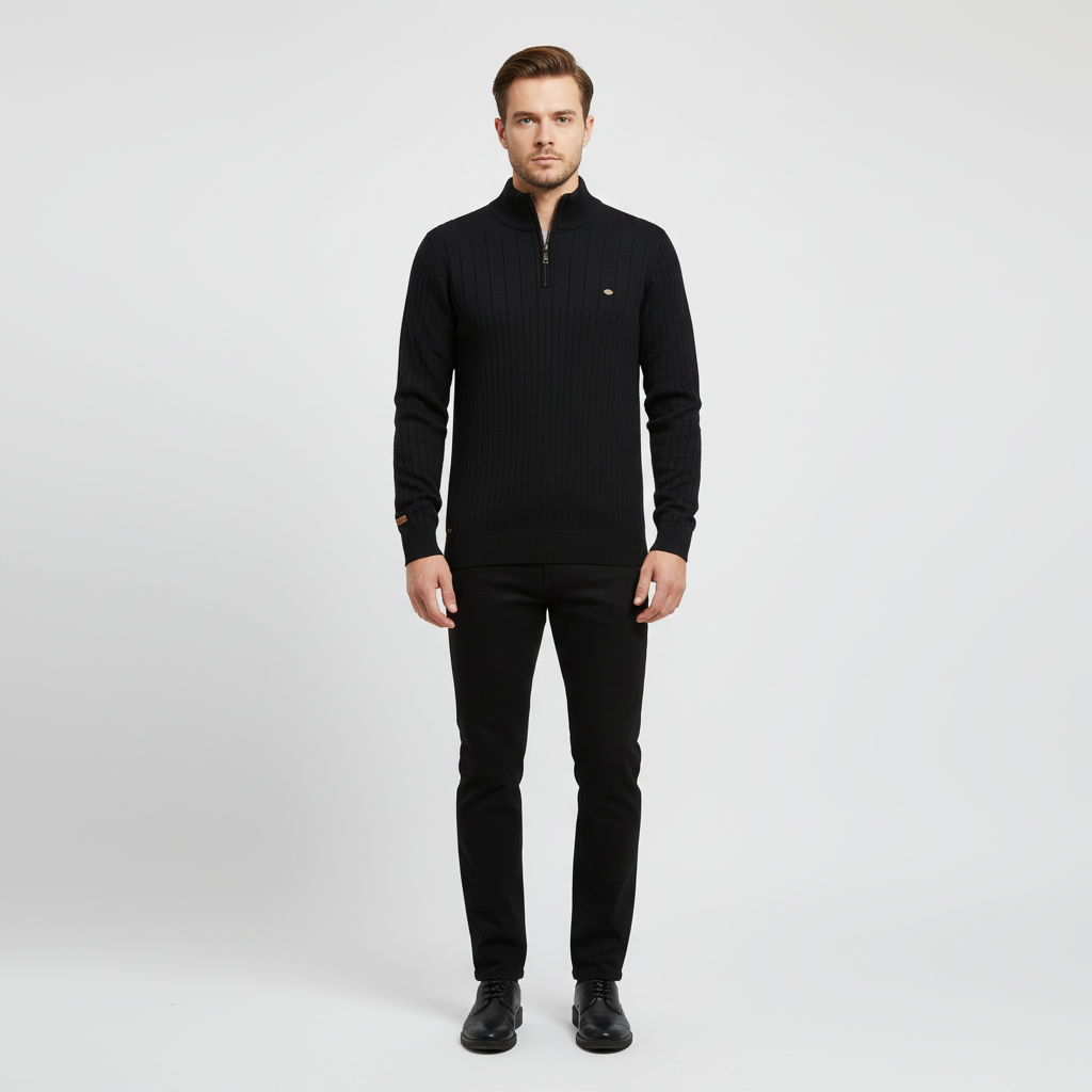 Men's Rib Knit Sweater with Quarter Zip and Stand Collar 3