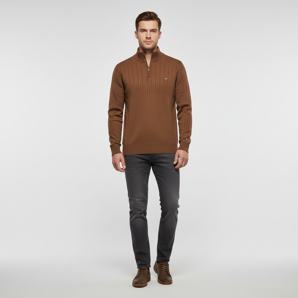 Men's Rib Knit Sweater with Quarter Zip and Stand Collar 4