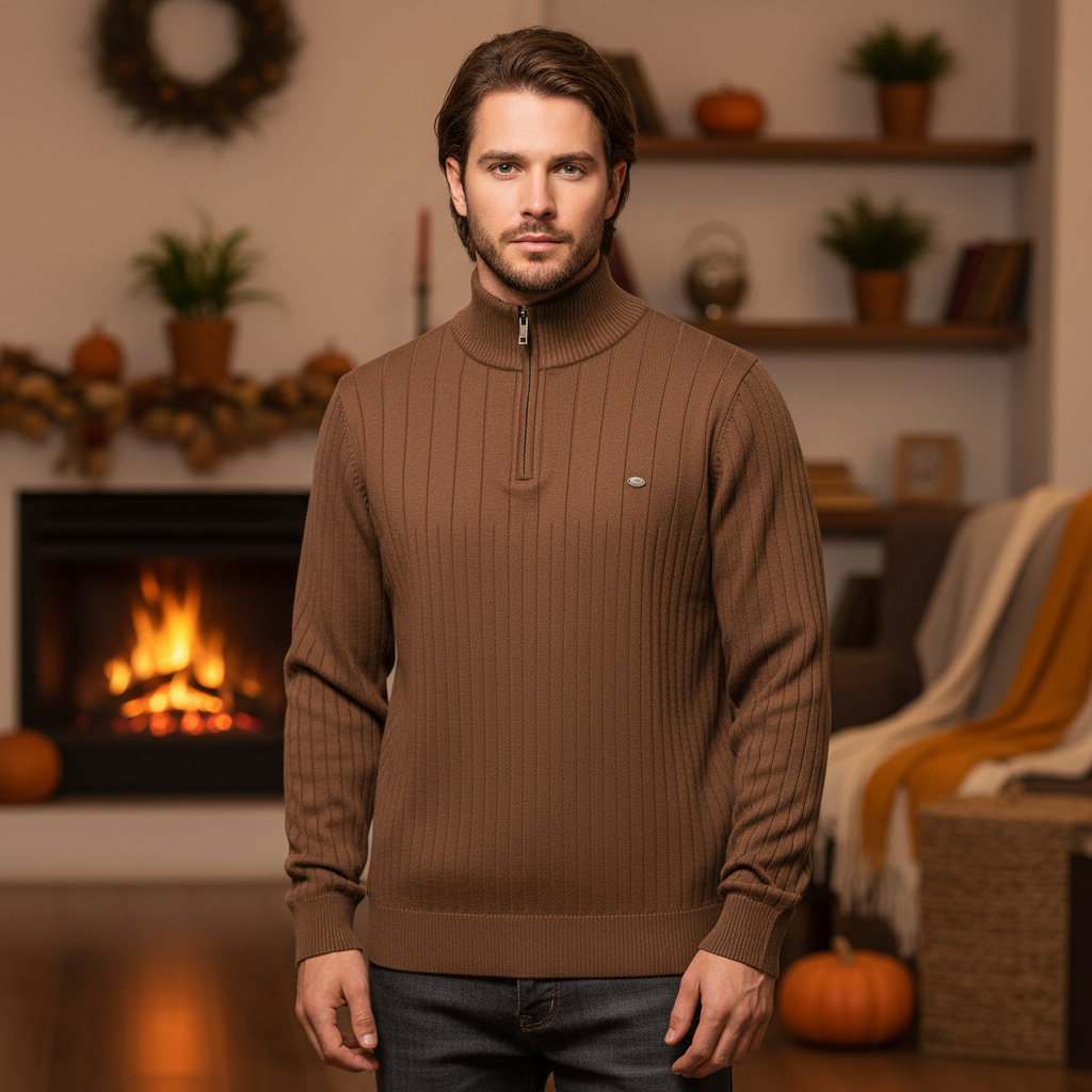 Men's Rib Knit Sweater with Quarter Zip and Stand Collar 5