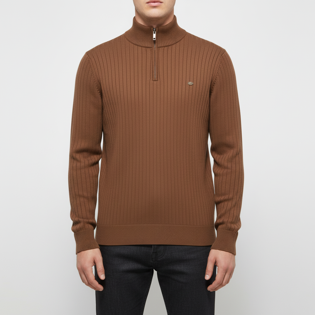 Men's Rib Knit Sweater with Quarter Zip and Stand Collar 6