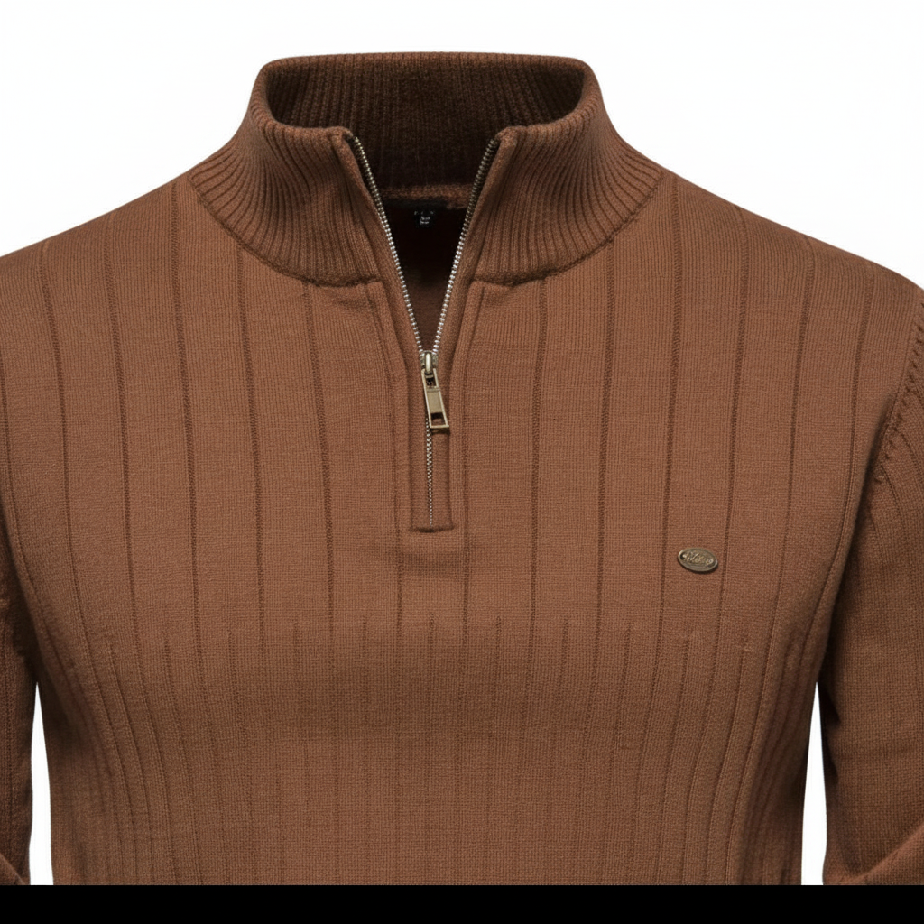 Men's Rib Knit Sweater with Quarter Zip and Stand Collar 7