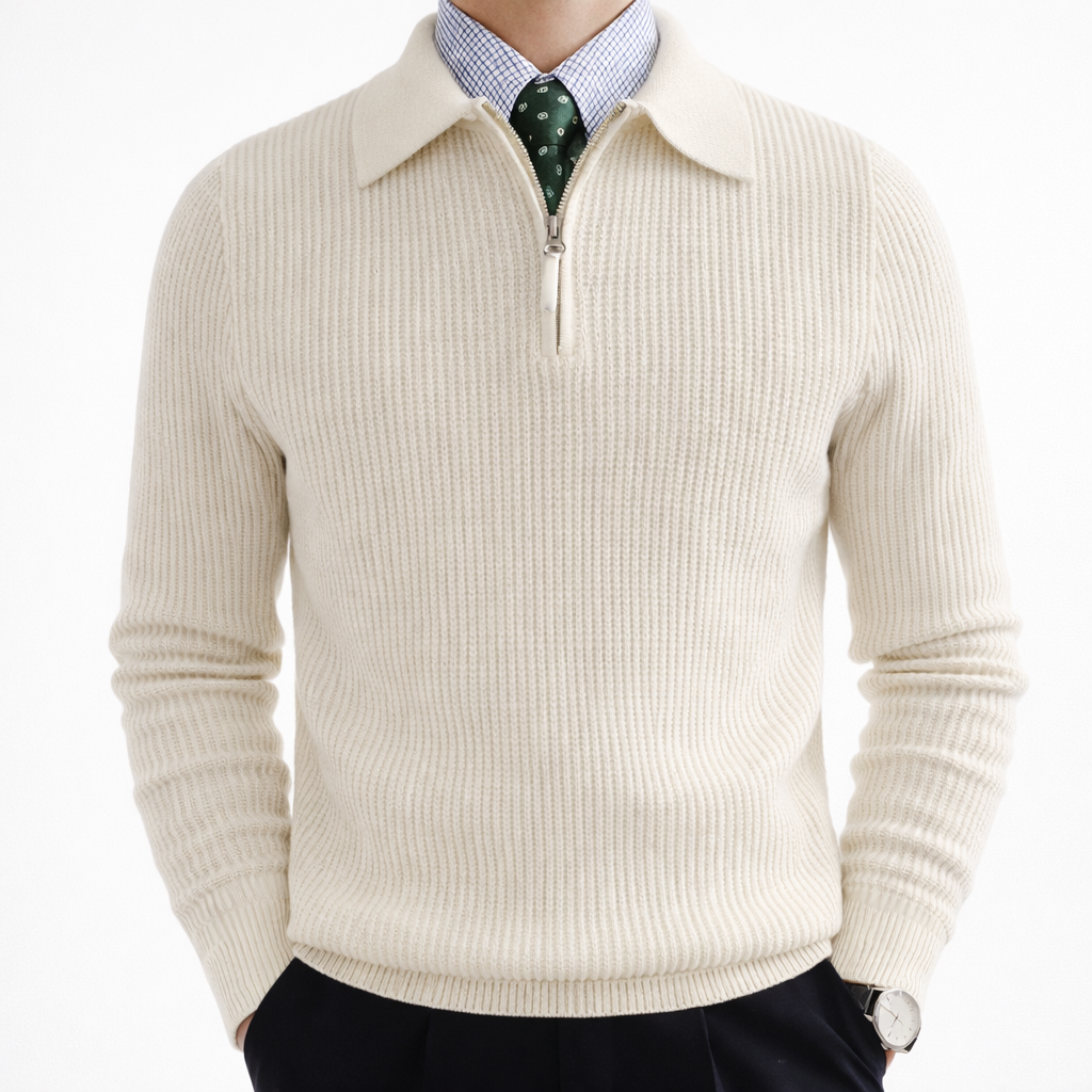 Men's Ribbed Knit Sweater with Quarter-Zip Collar 1