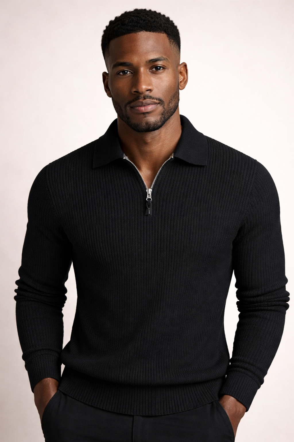 Men's Ribbed Knit Sweater with Quarter-Zip Collar 3