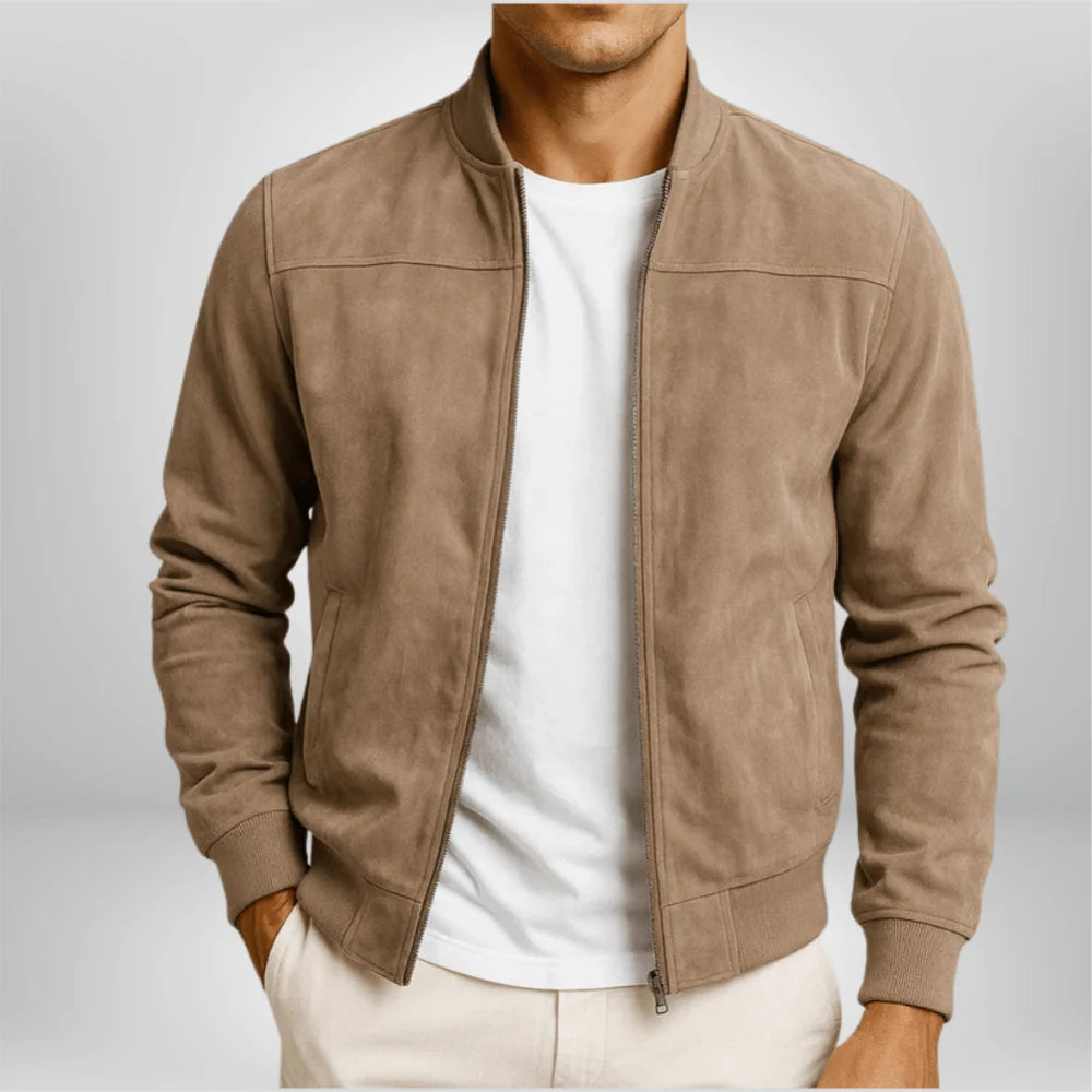 Men's Slim-Fit Suede Leather Bomber Jacket with Zip Front 0