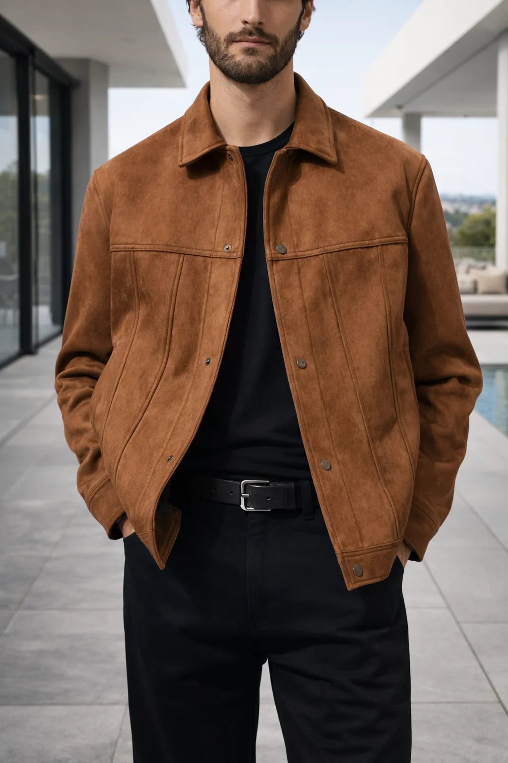 Men's Suede Trucker Jacket | Button Front Casual Outerwear 0
