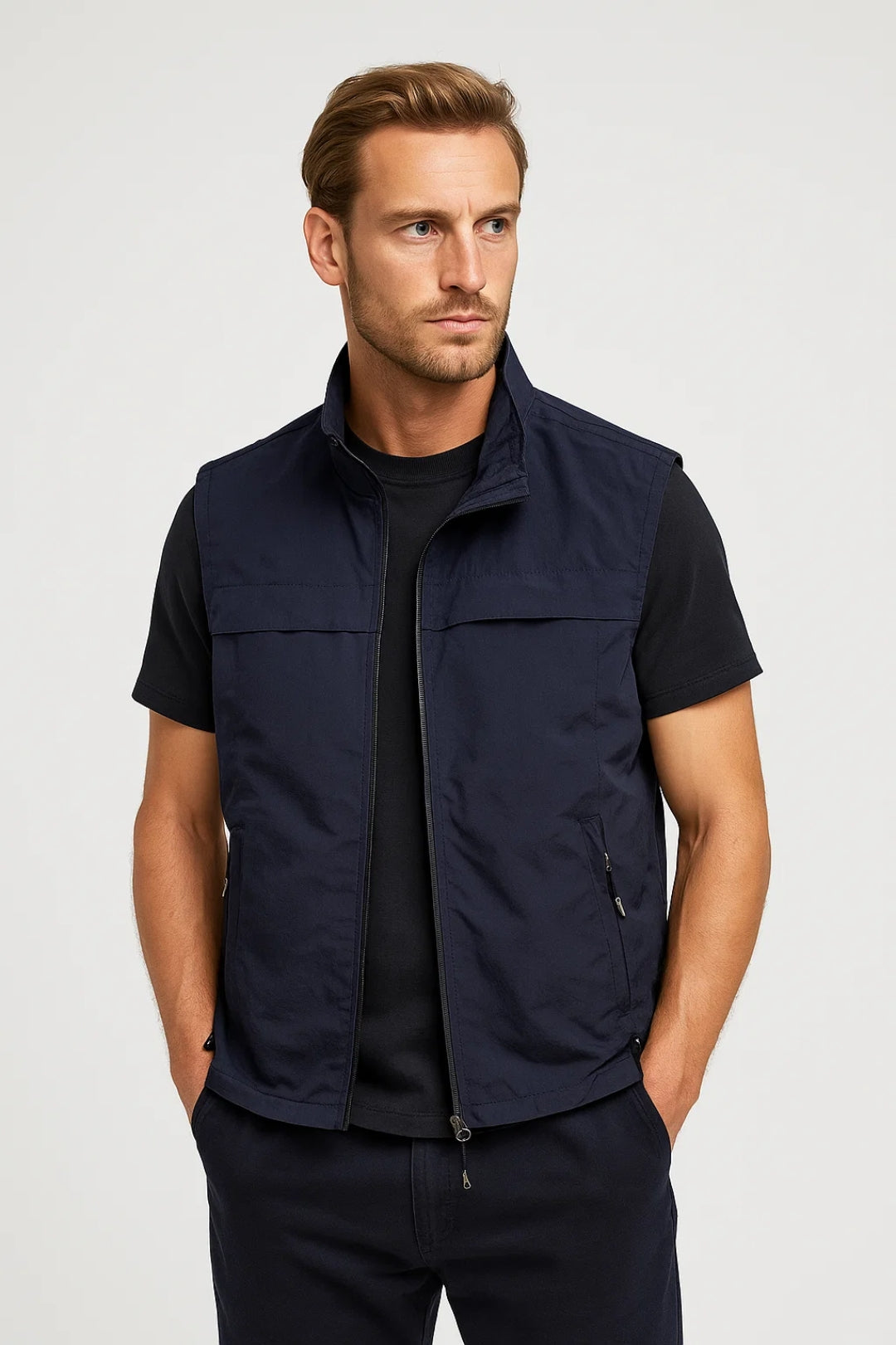 Men's Utility Vest with Stand-Up Collar and Front Zipper 1
