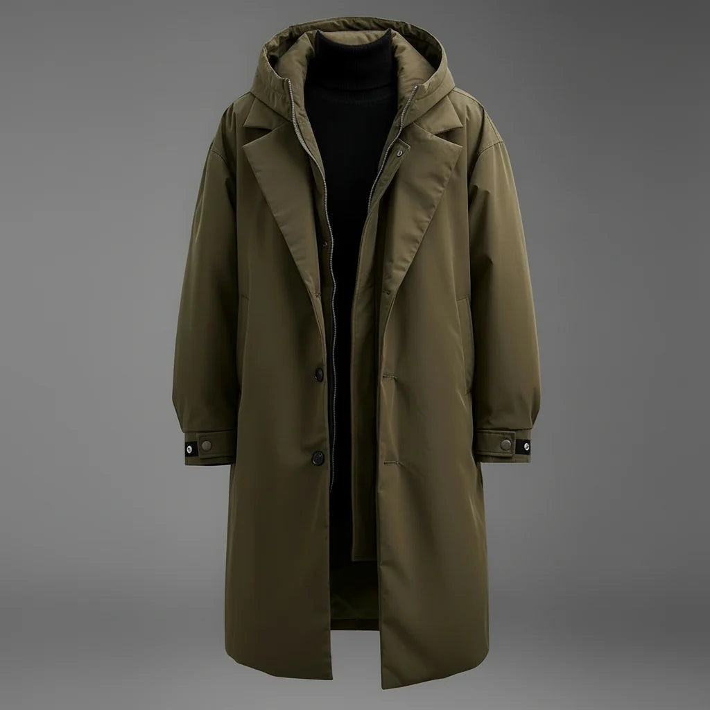 Men's Waterproof Hooded Trench Coat | Long Weather-Resistant Layer 0