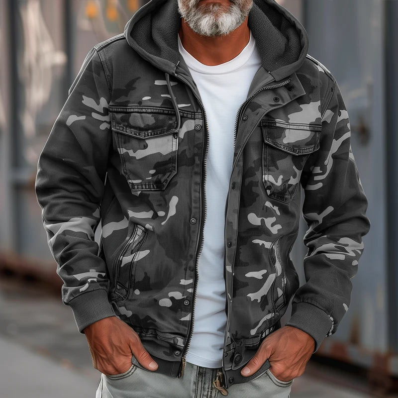 Men's Weather-Resistant Cargo Jacket with Hooded Utility Design 2
